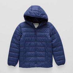 This Thereabouts little and big boys' midweight puffer jacket is made from a wind-resistant fabric to keep him warm on cold days. A full-zip front makes it easy to layer, while the long sleeves and hood provide extra protection against the elements. It finishes with two side slip pockets.Features: Wind ResistantClosure Type: ZipperNeckline: Hooded NeckPockets: 2 Side Slip PocketsSleeve Length: Long SleeveWarmth Factor: MidweightOuterwear Length: MidFiber Content: 100% NylonFabric Description: Wo Blue Husky, Big Boys, Cold Day, Puffer Jacket, Kids Boys, Puffer, Coats Jackets, Long Sleeves, Long Sleeve