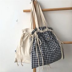 UAKISS  -  Korean Ins Simple Girls Canvas Bag Japanese Chic Y2k Aesthetic Casual Tote Bags Drawstring Pleated Shoulder Handbags for Women Drawstring Tote Bag, Chic Y2k, Plaid Tote Bag, Tote Bag With Pockets, Sac Diy, Plaid Tote, Drawing Bag, Diy Bag Designs, Casual Tote Bag