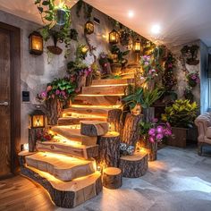 the stairs are decorated with plants and lights