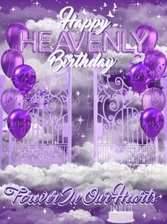 a happy birthday card with purple balloons and gate in the sky, stars and clouds