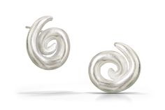 pair of silver earrings with spiral design on the front and back ends, set against a white background