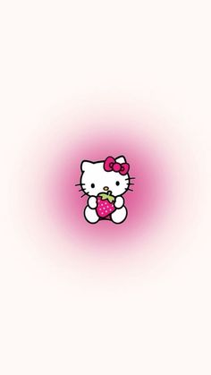 the hello kitty wallpaper is pink and has a strawberry in its mouth on it