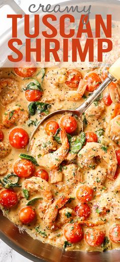 creamy tuscann shrimp with tomatoes and spinach in a skillet