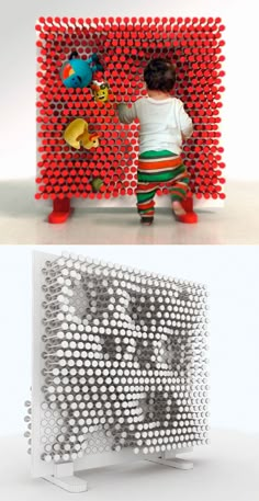 two pictures with different shapes and sizes on them, one is made out of plastic bottles