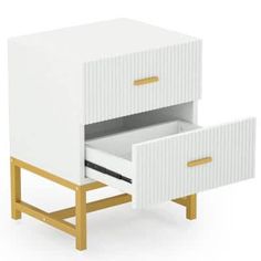 two drawers with one drawer open and the other closed, both in white and gold