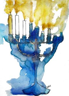 a watercolor painting of a menorah with lit candles