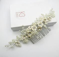 Ivory Flowers Large Bridal Hair Comb, Off White Bridal Pearl Hairpin, Wedding Pearl Decorative Hair Comb Headpiece - KaleaBoutique.com Wedding Style Hair, Pearl Hairpiece, Fairy Creatures, Seashell Flowers, Decorative Hair Combs, Bridal Hairdo, Hairpin Accessories, Pearl Hair Combs, Pearl Headpiece