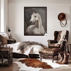 a bedroom with a horse painting on the wall