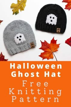 two knitted halloween ghost hats with text overlay that reads, free knitting pattern