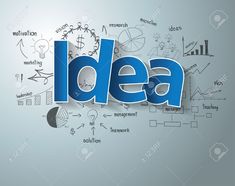 the word idea written in blue and surrounded by doodles on a gray background royalty illustration