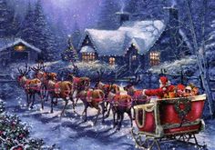 a christmas scene with santa's sleigh and reindeers