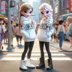 two cartoon characters are standing in the street