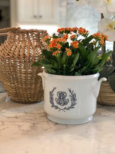 a white pot with orange flowers in it sitting on a counter next to a wicker basket