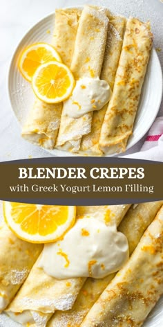 a white plate topped with crepes covered in yogurt and orange slices