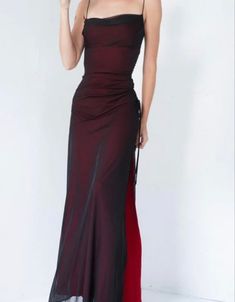 Woman in a Floor length tulle red dress with spaghetti straps and a slit up the side. 90s Prom Dress Grunge, 90s Prom Dresses, Party Floor, Tight Prom Dresses, 90s Prom Dress, Burgundy Prom, Prom Dress Inspo