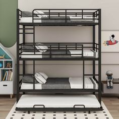 a bunk bed is shown in the corner of a room with bookshelves and toys