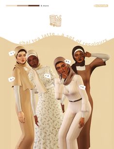 three women in white and brown outfits with words on their faces that read, what is the date?