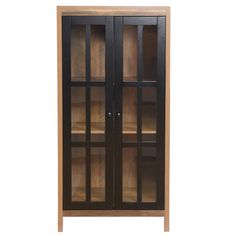 a wooden cabinet with glass doors and shelves