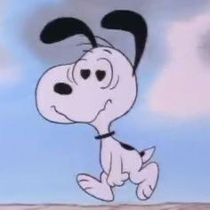 a cartoon dog flying through the air with its nose open and eyes wide open, in front of a cloudy blue sky