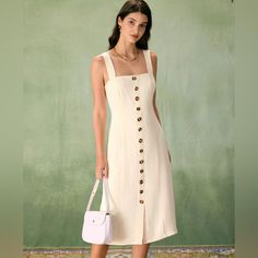 Details: - Occasion: Daily - Style: Casual - Season: Spring, Summer - Fabric Stretch: No Stretch - Waist: High Waisted - Dresses Length: Midi - Dress Type: Sheath Dress - Silhouette: Sheath - Fabric: Polyester 100.0% - Lining: Polyester 100.0% Description: The Square Neckline Adds A Touch Of Sophistication To This Button Midi Dress, Creating A Flattering Silhouette That Accentuates The Shoulders And Collarbones. Paired With Delicate Spaghetti Straps, It Exudes A Subtle Allure While Providing Com Bare Shoulder Dress, Midi Dress Brown, Button Midi Dress, Apricot Dress, Slip Midi Dress, High Waist Dress, Lightweight Dress, Cotton Midi Dress, Dress Silhouette