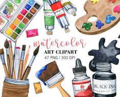 watercolor art clipart with paint and brushes