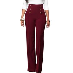 Burgundy Button Detail Casual Flare Pants Casual High Waist Dress Pants With Buttons, Solid Color Bottoms With Button Closure For Office, Office Bottoms With Button Closure, Formal High-waisted Dress Pants With Buttons, Solid Color High Waist Pants With Button Zip Fly, High-waisted Formal Dress Pants With Buttons, Elegant Full-length Bottoms With Button Closure, Elegant Full Length Bottoms With Button Closure, High Waist Solid Pants With Button Zip Fly