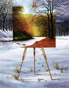 an easel is standing in the snow with a painting on it