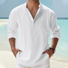 Season:Spring  Summer; Fabric:Cotton And Linen; Sleeve Length:Long Sleeve; Look After Me:Wet and Dry Cleaning,Washable; Gender:Men's; Style:Comfortable,Fashion,Casual,Classic; Tops Type:Linen Shirt,Casual Shirt,Henley Shirt,Beach Shirt; Occasion:Hawaiian,Beach,Holiday,Vacation; Pattern:Plain; Neckline:Henley; Listing Date:03/21/2023; Bust:; Length:; Shoulder Width:; Fit US Size:null; Fit UK Size:null; Fit EU Size:null Casual V-neck Shirt For Beach Season, Summer Casual Collar Tops For Vacation, Casual Collar Summer Tops For Beach Season, Summer Casual Collar Tops For Beach Season, Summer Beach Top With Relaxed Collar, Casual Collar Solid Color Shirt For Beach, Solid Summer Shirt With Casual Collar, Summer Shirt With Casual Collar In Solid Color, Casual V-neck Shirt For Beach