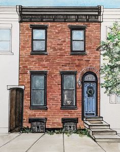 a drawing of a brick house with steps leading to the front door