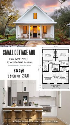 the small cottage adu plan is shown with two kitchen areas and an open floor plan