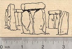 a wooden rubber stamp with an image of stonehenge on it and measurements for each piece