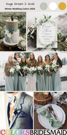 a collage of photos with different colors and wedding details, including the bride's dress