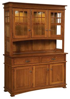 a wooden hutch with glass doors and drawers