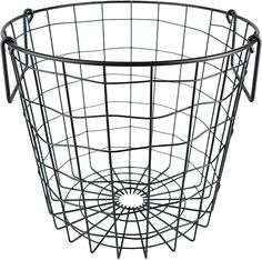 a metal wire basket with handles on the top and bottom, is shown in black