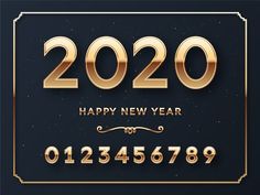 a black and gold happy new year card with the numbers 2020 in gold lettering on a dark background