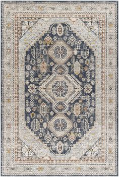 a blue and beige rug with an ornate design