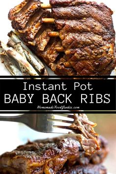 instant pot baby back ribs on a white plate with fork and text overlay that reads instant pot baby back ribs