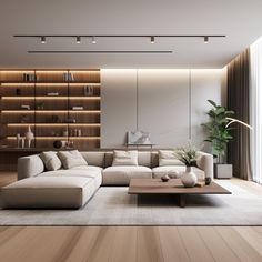 a modern living room with wood flooring and white furniture in the center, along with built - in bookshelves