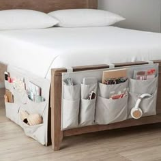 a bed that has some pockets in it