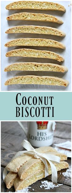 coconut biscotti is cut in half and stacked on top of each other, with the