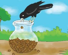 a black bird sitting on top of a glass jar filled with water and peanuts in it