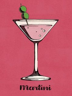 a martini glass with an olive on the top and word martini written in black ink