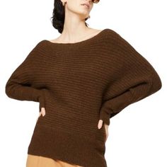 "Finnley Wedge" Boatneck Sweater In Rich Chocolate, Loose Fit, Asymmetrical Sleeve Length, Ribbed Knit, 58% Wool, 30% Polyester, 10% Yak, 2% Elastane, Msrp $120. New With Tag No Flaws. Ship Same/Next Day. Long Cable Knit Cardigan, Alpaca Wool Sweater, Short Sleeve Sweater Cardigan, Oversized Sweater Cardigan, Solid Sweaters, Plaid Sweater, Sweater Vest Women, Knitted Hood, Grey Knit Sweater