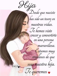 a woman holding a baby in her arms with spanish words on the side of it