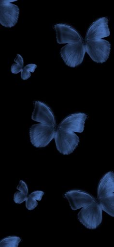 several blue butterflies flying in the dark