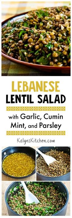 lentil salad with garlic, cumin, mint and parsley in a pan