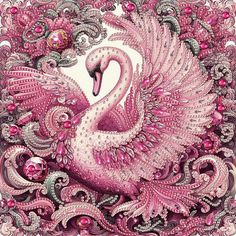 a pink and white swan with beads on it's body, surrounded by flowers