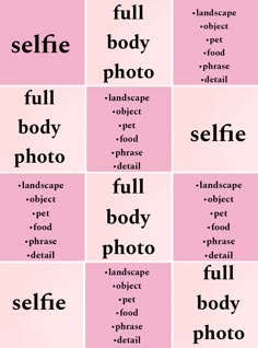 an image of different types of words in the same language, including selfie and full body photo