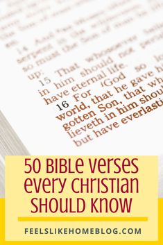 an open bible with the words 50 bible verses every christian should know on it