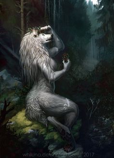 a white wolf sitting on its hind legs in the forest with flowers around it's neck